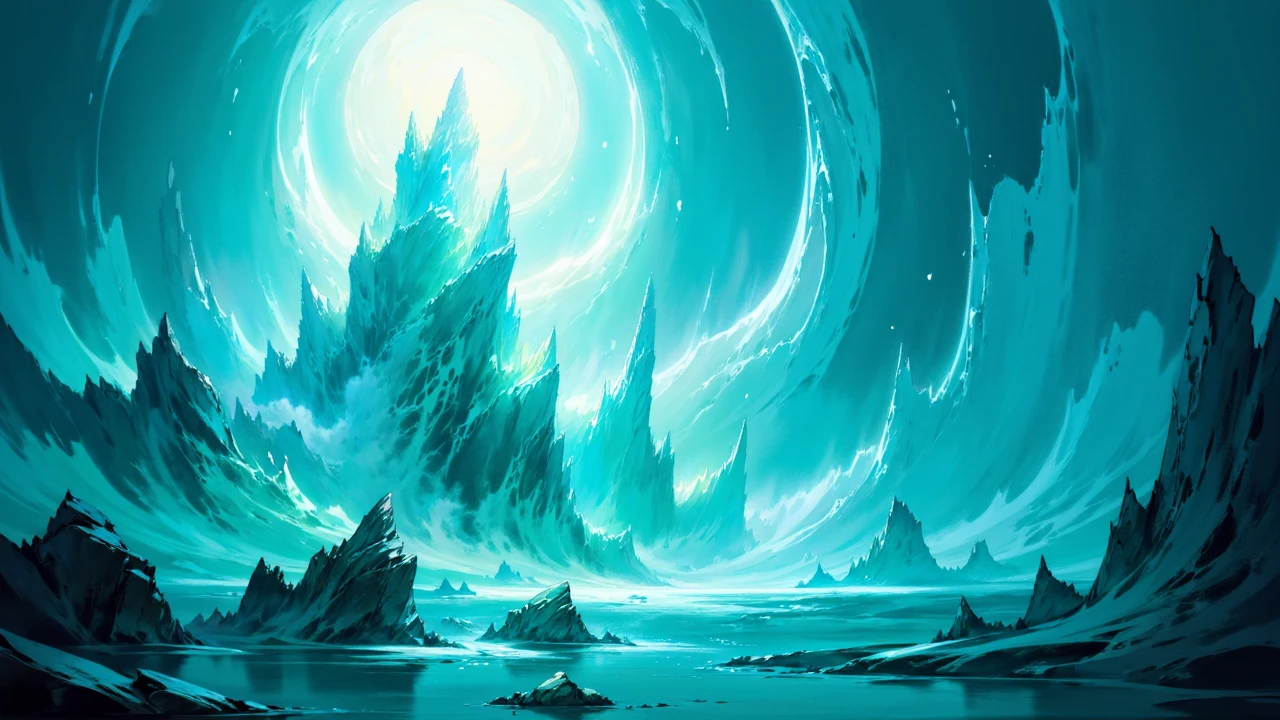 painted world, highly detailed, radical, dramatic angle, masterpiece, best quality, official art, magnificent lighting, otherworldly structures in the distance, Teal color palette, Sacred and serene temples dedicated to spiritual enlightenment and worship, no humans