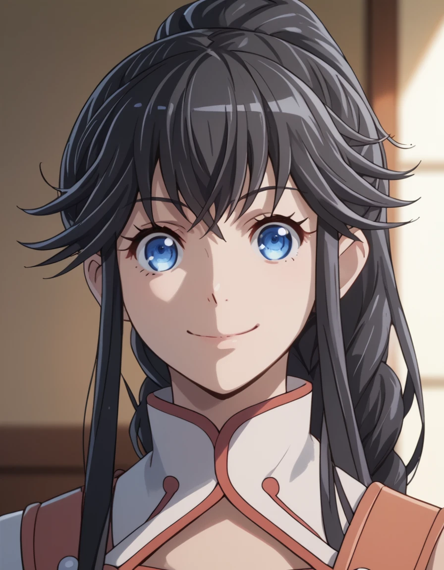 Kanami, long hair, blue eyes, black hair, braid, ponytail, score_9, score_8_up, score_7_up, score_6_up, score_5_up, score_4_up, source_anime  <lora:LogHorizonDestructionoftheRoundTable:1> soft smile, portrait,