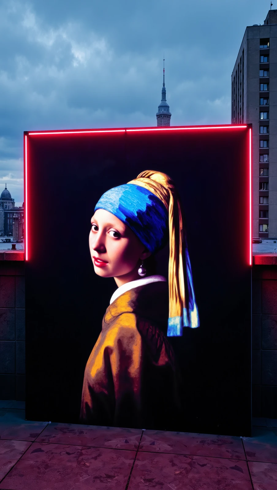 gwpe,a bold and contemporary urban setting, a striking portrait of "The Girl with a Pearl Earring" is reimagined with a modern twist. Her face, with its timeless beauty and serene expression, is now infused with vivid neon colors, blending classical art with street-style vibrancy. She wears her signature blue headscarf, which drapes elegantly over her blonde hair, but both are illuminated with intense neon hues, giving them a glowing effect that contrasts sharply with the dark, moody background.

The portrait is set against a large, black canvas, placed outdoors on a rooftop with a cityscape in the background. A glowing neon halo encircles her head, casting a radiant red-pink light that enhances the modern, edgy atmosphere of the piece. The bright neon colors—ranging from electric blues to deep pinks—highlight her features, making her appear almost ethereal, as though she’s emerging from the dark canvas.

The overall effect is a stunning fusion of classical elegance and modern street art, where the iconic image of "The Girl with a Pearl Earring" is transformed into a contemporary symbol of beauty and mystery, set against a backdrop that exudes urban coolness and artistic flair