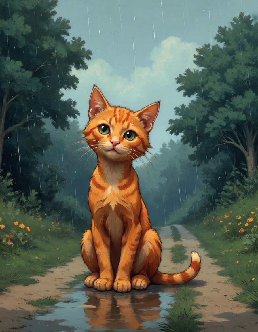 illustrated lonely abandoned orange cat is sitting on the country road in the rain