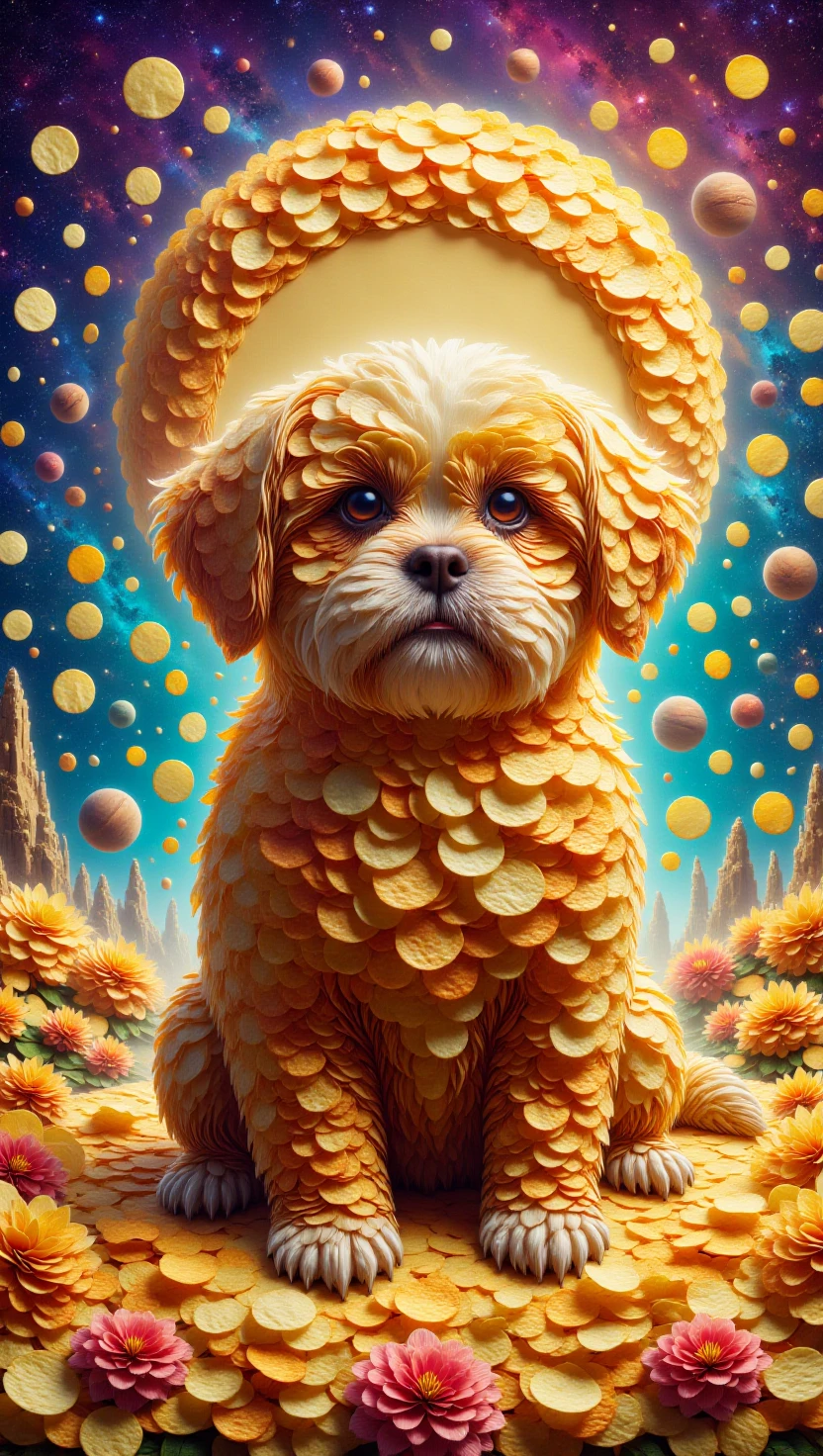 p1nkch1ps, made out of potato chips,fantasy art by Donato Giancola, Color splash, overlapping compositions, full body shot of a Magical (Shih Tzu:1.1) , Planet Venus background, Masterpiece, Hopeful, absurdres