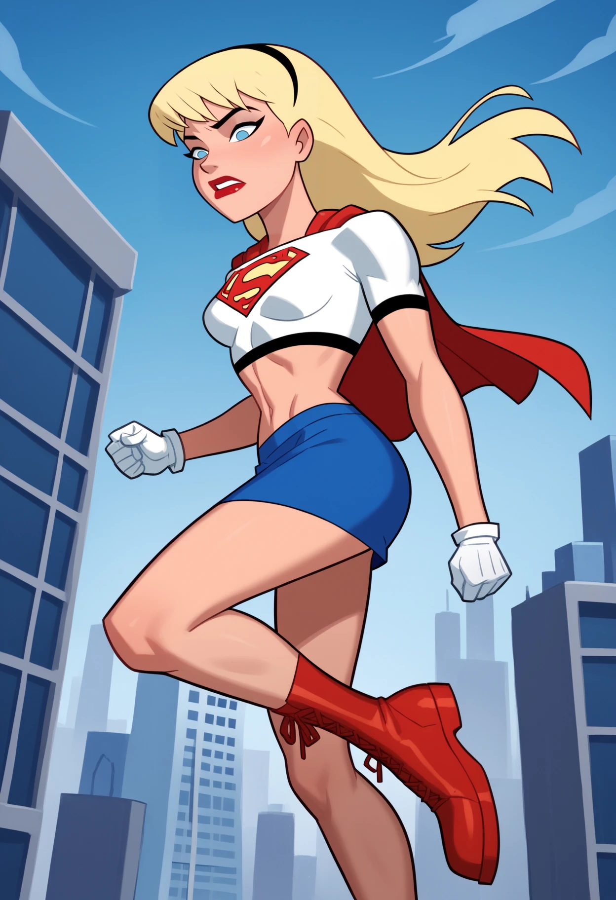 score_9, score_8_up, score_7_up, BREAK
1girl, supergirl, blonde hair, long hair, hairband, blue eyes, makeup, lipstick,
gloves, red cape, blue skirt, white crop top, red knee boots,
blue sky, flying, city below   <lora:SupergirlDCAUXL_byKonan:1>