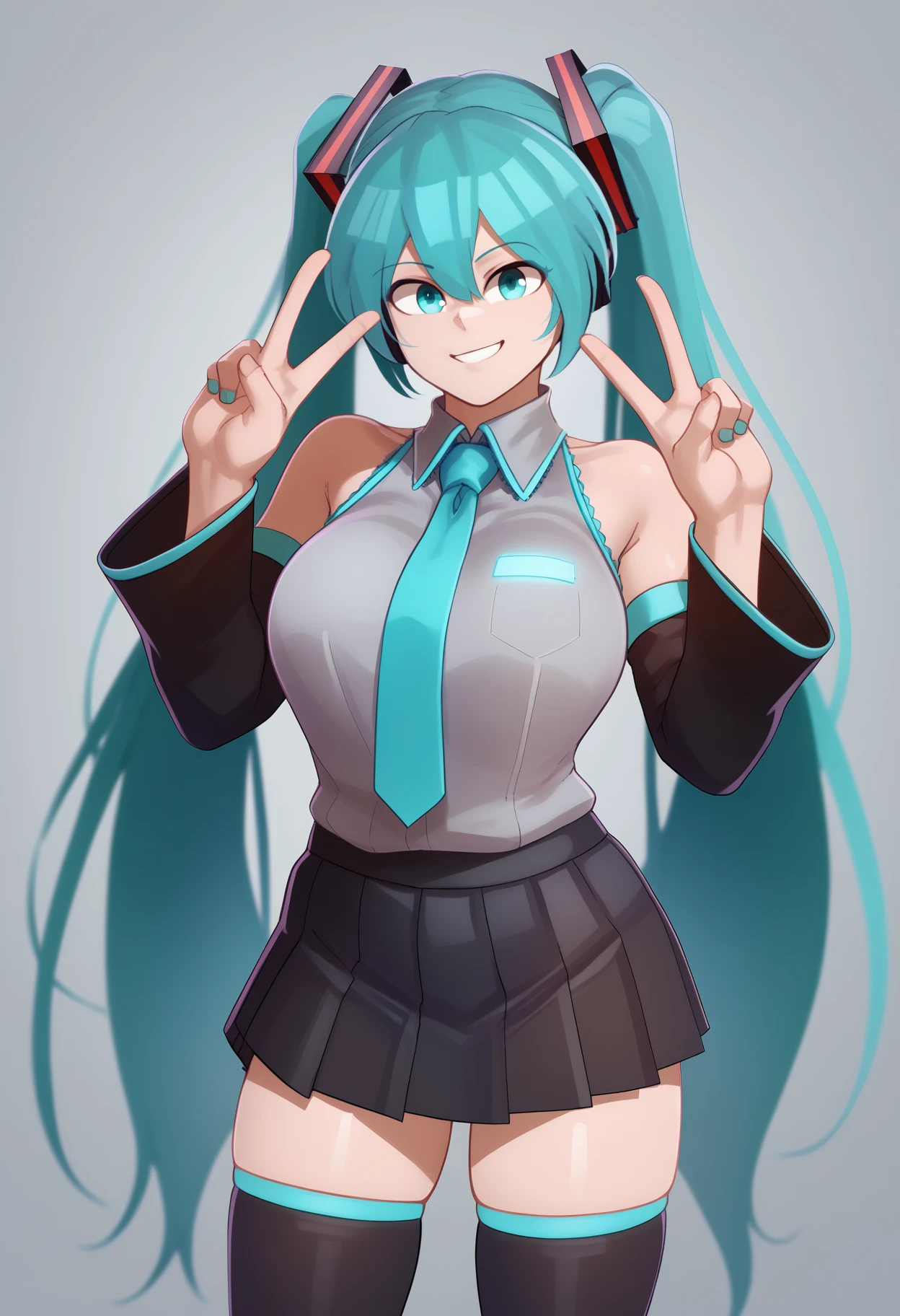 score_9, score_7_up, <break> simple background, white background, solo, 1girl, hatsune miku, smirk, looking at viewer, standing, double v, aqua hair, twintails, aqua eyes, grey shirt, sleeveless shirt, aqua necktie, black sleeves, detached sleeves, black skirt, black thighhighs, large breasts
 <segment:yolo-face_yolov8m.pt,0.4,0.5//cid=1>