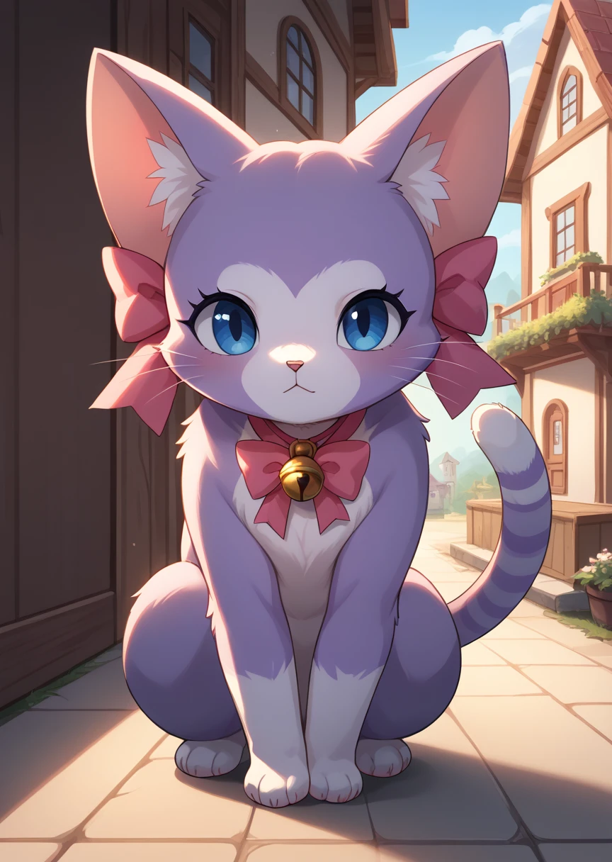 score_9, score_8_up, score_7_up, score_6_up, score_5_up, BREAK
Amanda, solo, blue eyes, bow, ribbon, no humans, bell, cat, pink bow, :<, animal focus, furry, full body, cute, detailed backgrond, house, purple fur, 