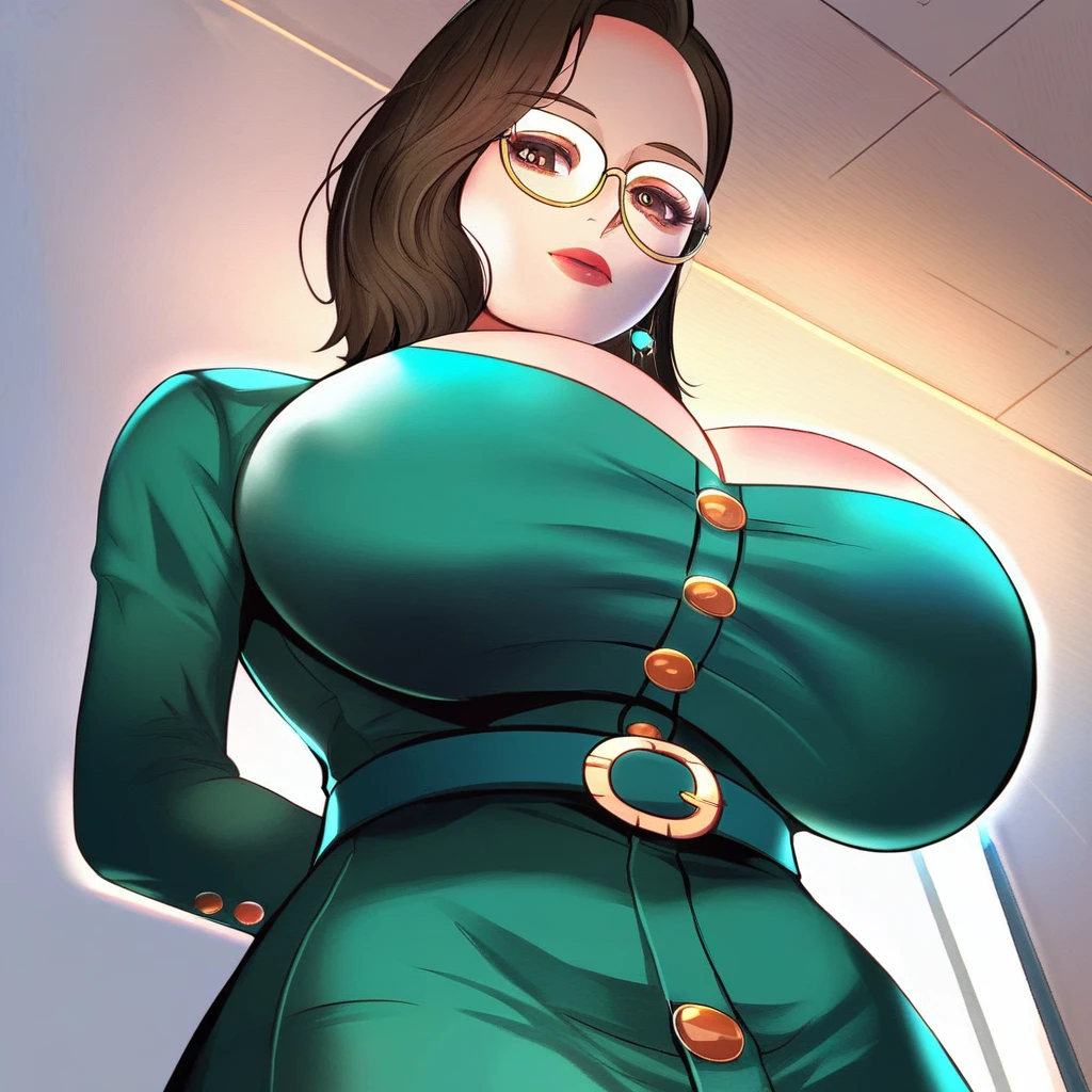 score_9, score_8_up, score_7_up, ASCII masterpiece, source_anime, BREAK, 1girl, solo, (( <lora:do_jeong-hwa:1> , do_jeong-hwa, thin waist, wide hips, beautiful skin, beautiful brown eyes, clear eyes, bright pupils, beautiful eyes, beautiful brown hair, beautiful short hair, huge and shaggy breasts, natural beauty, extraordinary beautiful woman, attractive woman, super sexy woman, lustful body, sexy woman with seductive obscene body, sensual body, voluptuous body, sexy beauty, no piercings, no piercing, glasses, gold glasses frame, )), ((sexy long sleeves green dress with gold buttons, obscene cleavage, huge cleavage, green belt, earrings, )) , closed mouth, sexy pose, seducative smile, indoor, night club, looking at viewer, horny, seductive, hands behind back, standing, from below, cowboy shot, front view, closing up, leans forward, huge cleavage,