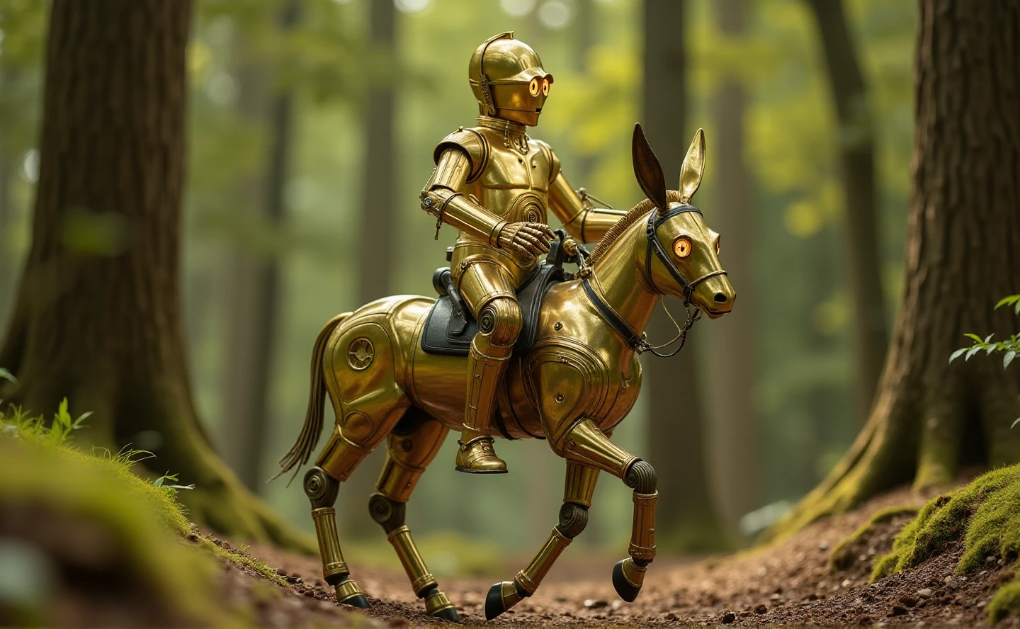 C3PO is riding a golden robot donkey in the forest. Star wars. Highly detailed. Professional photography  <lora:C3PO:0.9>