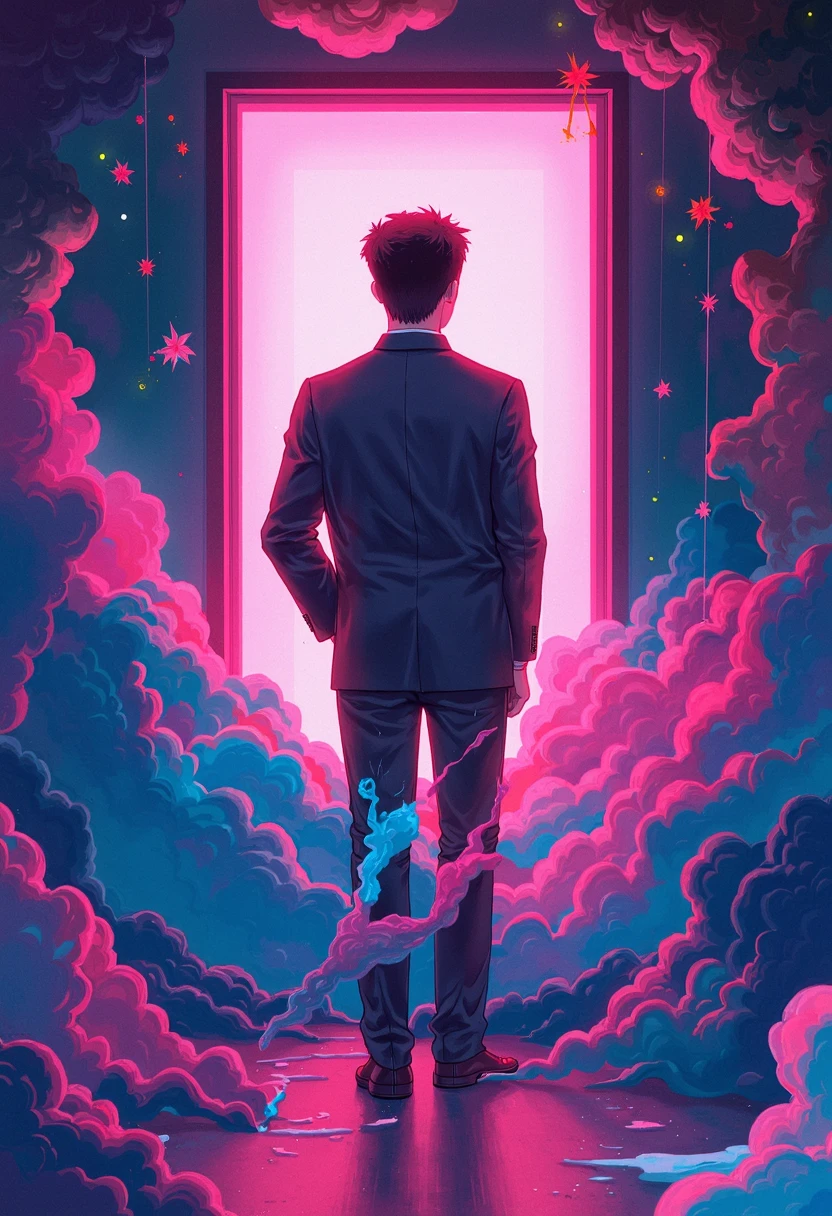 The image portrays a surreal scene of a man surrounded by vibrant dreamlike elements set against a backdrop of a neon-lit doorway.