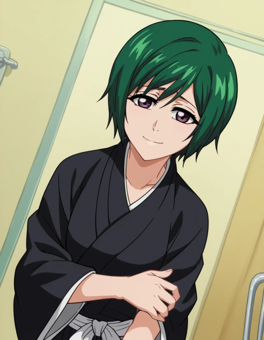 score_9, score_8_up, score_7_up, source_anime, <lora:nozomi-kujo-anime-ponyxl-lora-nochekaiser:1>, nozomi, short hair, green hair, purple eyes,, nozomishinigami, japanese clothes, kimono, hakama, black kimono, black hakama,, hospital room, bedside, get well flowers, comforting, quiet, smile, looking at viewer, arm bent, leg extended, hand on chest, solo,, cowboy shot, dutch angle