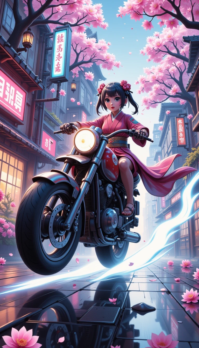 A cybernetic geisha named Kaida drifts through the neon-drenched streets of New Elysium, her kimono fluttering behind her as she pilots a gravity-defying motorcycle, leaving a trail of holographic cherry blossoms in her wake.