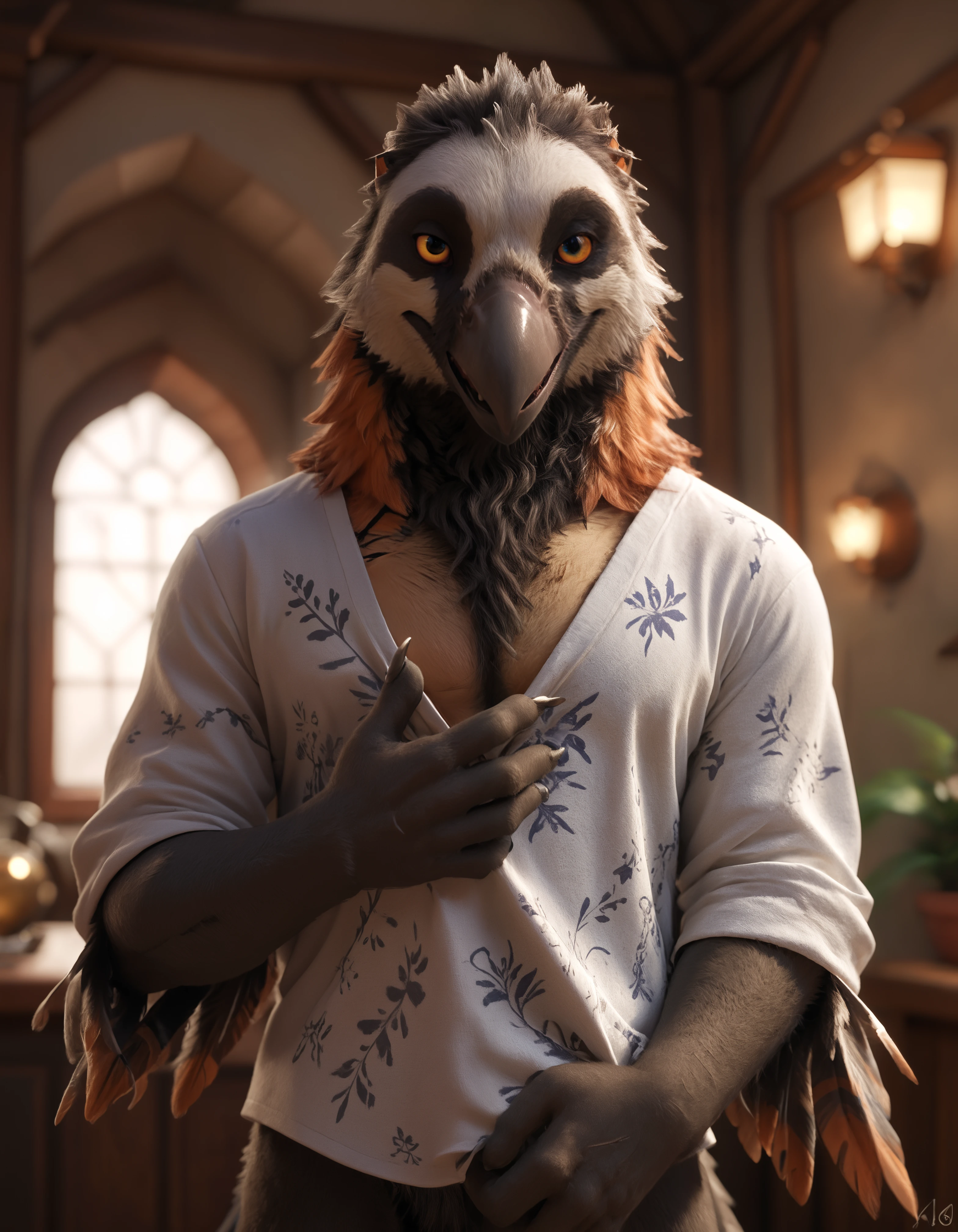 score_9, score_8_up, score_7_up, BREAK (anthro, furry:1.1), depth of field, cinematic lighting, masterpiece, (detailed hands:1.25), best quality, ultra realistic, 4k, 2k, film photography, RAW photo, photorealistic, analog style, subsurface scattering, photorealism, embedding:unaestheticXL_bp5, embedding:zPDXL,(best quality, high quality, 8K:1.5), <lora:add-detail-xl:2.5>, <lora:fix_hands.safetensors:2.0>, <lora:2.5DRealisticV2.safetensors:0.2>, <lora:sinfully_stylish_SDXL.safetensors:0.6>, <lora:AdvancedEnhancerXLv2.safetensors:1.0>, (hi res), ((masterpiece)), ((best quality)), illustration, <lora:Muriat.safetensors:0.7>, muriat, accipitrid, accipitriform, avian, bearded vulture, bird, canine, hybrid, mammal, old world vulture, vulture, wolf, anthro, beak, biped, (black body:1.1), black feathers, black fur, body hair, claws, feathers, fur, grey body, grey feathers, happy trail, male, multicolored body, slim body, multicolored feathers, orange body, orange feathers, red sclera, seductive, smile, solo, white body, white feathers, yellow eyes, (three-quarter portrait, close up portrait:1.3) (chinese new year lens flare nebula spotlight, oversized shirt,no pants:1.15)