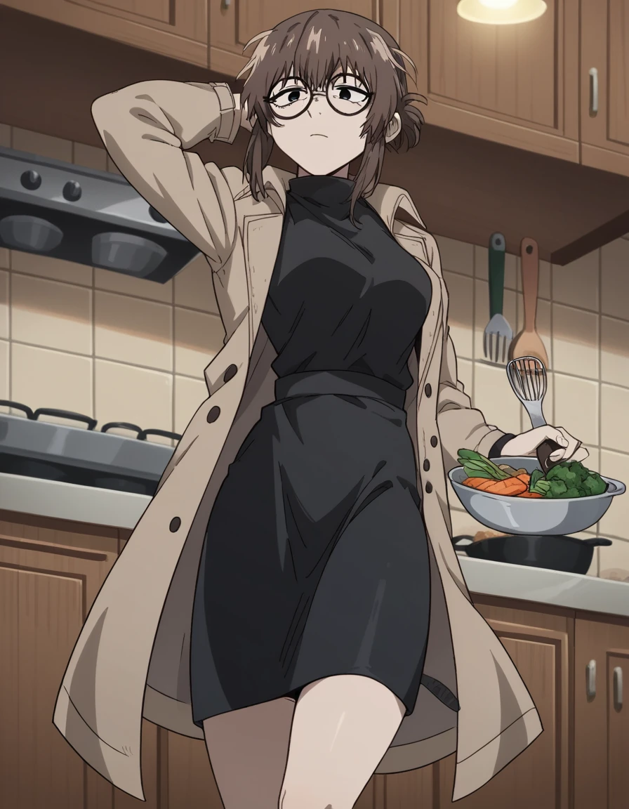 score_9, score_8_up, score_7_up, source_anime, <lora:anko-uguisu-s1-ponyxl-lora-nochekaiser:1>, anko uguisu, short hair, brown hair, glasses, black eyes,, dress, black dress, coat, turtleneck,, kitchen, cooking, apron, cutting vegetables, home cooking, , , foot forward, hand behind head, elbow down, solo,, cowboy shot, dutch angle