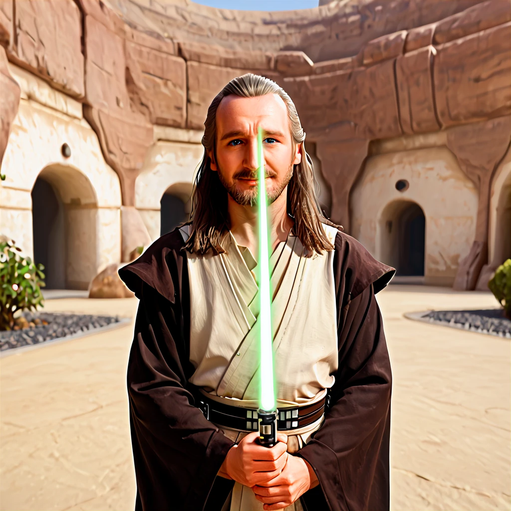 photorealistic, 4k UHD, <lora:SW_Qui-Gon_Jinn:1> qui-gon jinn standing holding his lightsaber in hand raised at the ready, star wars, male focus, gray hair, old man, facial hair, 1boy, beard, solo, long hair, realistic, mustache, weapon, holding lightsaber, brown hair, pauldrons, armor, shoulder armor, breastplate, science fiction, blurry background, wry smile, character portrait, looking at viewer,  break, tatooine, homestead, star wars, outdoors, scenery, door, ceiling, reflection, dark, night <lora:PerfectEyesXL:1> blue eyes, film grain <lora:Tatooine_Homestead:1> long sword