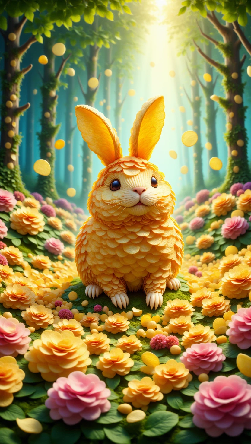 p1nkch1ps, made out of potato chips,indoors,A cute fat and fluffy bunny wandering in a magical forest, pink flowers                                                                                                                                                                                                                                