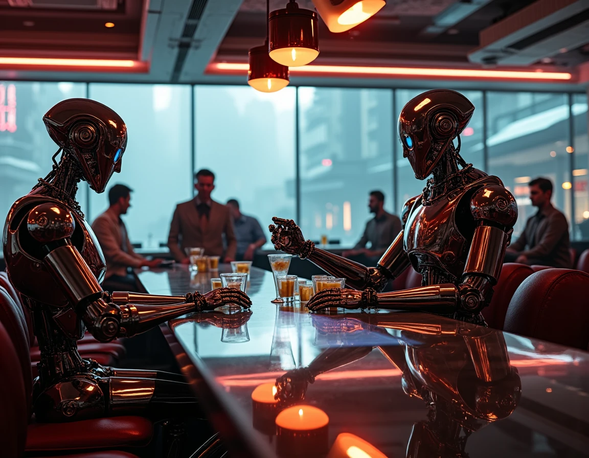 0r0105, a stunning cinematic shot of a sleek, futuristic bar where robots and droids unwind after a long day. In the foreground, a humanoid droid with a polished chrome finish is seated at the bar, its arm resting on the counter as it engages in conversation with another robot, a holographic interface floating between them. The bartender, a multi-armed droid with a sleek design, is seen pouring a glowing liquid into a glass, which is then slid across the bar to a waiting customer. The midground shows other robots scattered around the room—some sitting in plush, futuristic booths, others standing by the bar, each engaged in their own conversations or quietly enjoying the ambient music. The background features a large window overlooking a futuristic cityscape, with the neon lights outside reflecting off the glass and adding to the bar’s sophisticated atmosphere. The mood is relaxed and refined, with soft ambient music playing and a warm, inviting glow from the lighting.

Image Quality Tags: Cinematic realism, uniform clarity, richly detailed, ambient atmosphere, intricate lighting, high-definition textures, analog movie texture, ultra-detailed, dynamic bar composition, artistic framing, relaxed and sophisticated, soft contrasts, immersive futuristic setting, warm and inviting.

