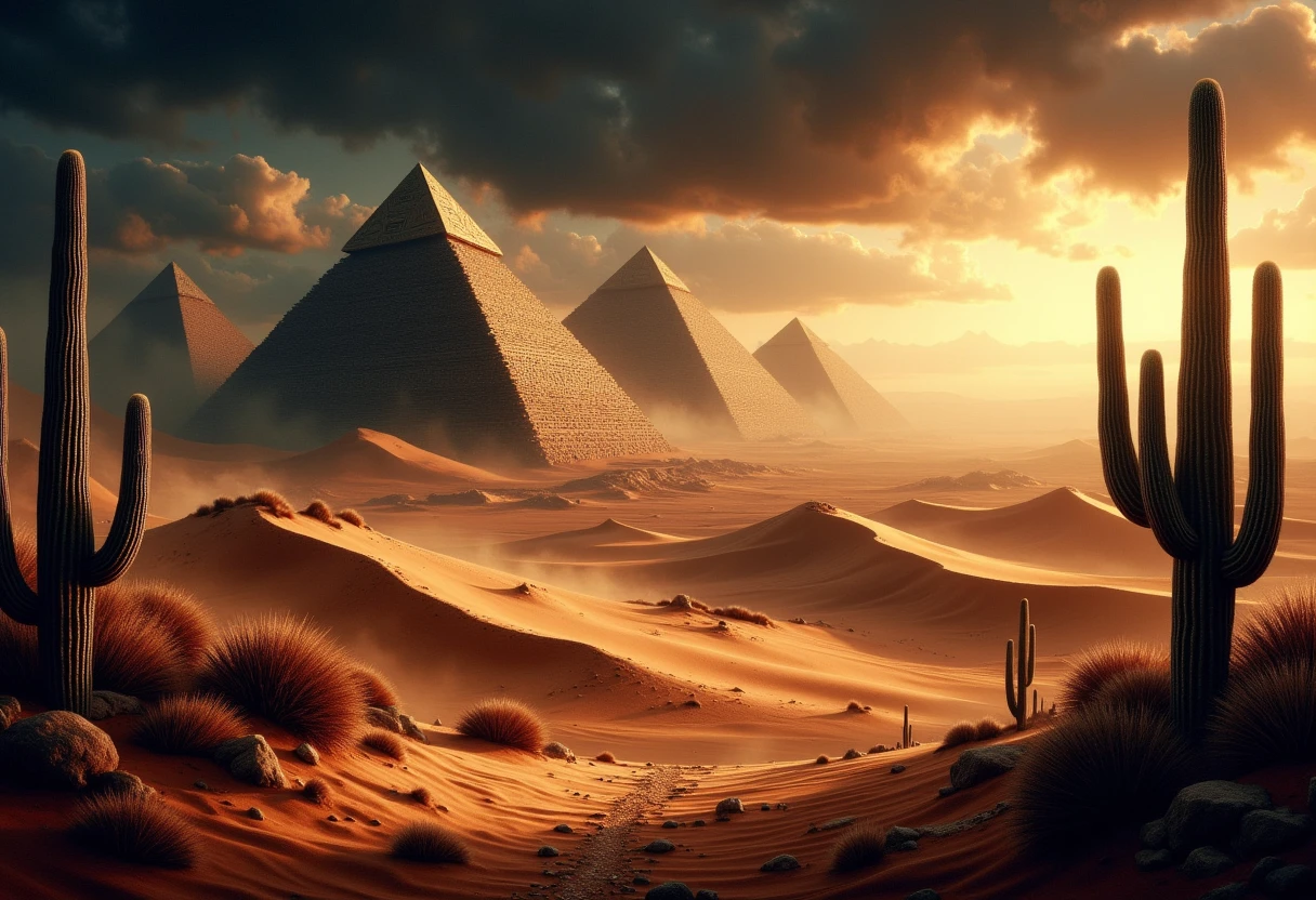 <lora:drkfnsy_pdxl_EliPot:1>, Egyptian dark fantasy desert with dunes and cactus,