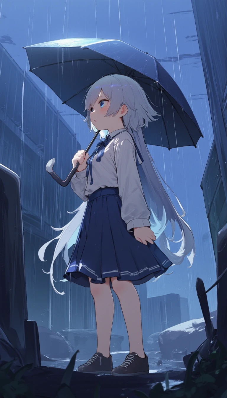 a girl, standing, holding a umbrella, rain, lookup the sky,lyh