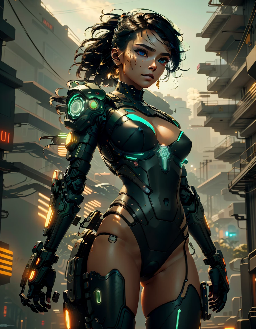 best quality,masterpiece,highly detailed,ultra-detailed,
<lora:neg9V2_last:0.5> <lora:2024-09-01:0.75>, 1girl, A cyborg donning an exoskeleton with a dynamic energy field, emitting pulsating light patterns. The synthetic skin seamlessly integrates with the energy field, creating a visually striking and dynamic appearance. The clothing is composed of adaptive, energy-responsive materials that react to the cyborg's movements, contributing to a futuristic and energetic ensemble. The hair is styled with energy-infused accents, completing the overall vibrant and cutting-edge look. mechanical arms, mecha musume, impossible clothes, mechanical parts, gameplay mechanics, Tiny breasts ,, narrow waist, Mohawk with Neon Feathers - Neon Green , fantastic details full face, dot nose,detailed Large eyes, green iris, curved eyebrows, dark brown beautiful Detailed Eyes, lips at in Cyberpunk 2077 ,The NetWatch headquarters, a high-security location where the NetWatch organization operates. It's a place where cybercrime is monitored and dealt with. , extremely detailed eyes, fantastic details full face