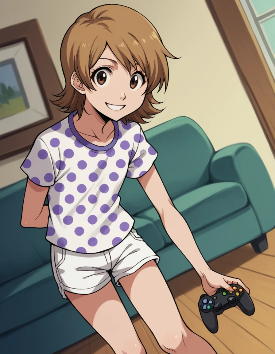 score_9, score_8_up, score_7_up, source_anime, <lora:yuzu-kurosaki-anime-ponyxl-lora-nochekaiser:1>, yuzu, short hair, brown hair, brown eyes,, shirt, short sleeves, shorts, polka dot, white shorts,, living room, video game, controller, competitive, fun, afternoon, smile, looking at viewer, arm behind back, knee bent, foot pointed, solo,, cowboy shot, dutch angle