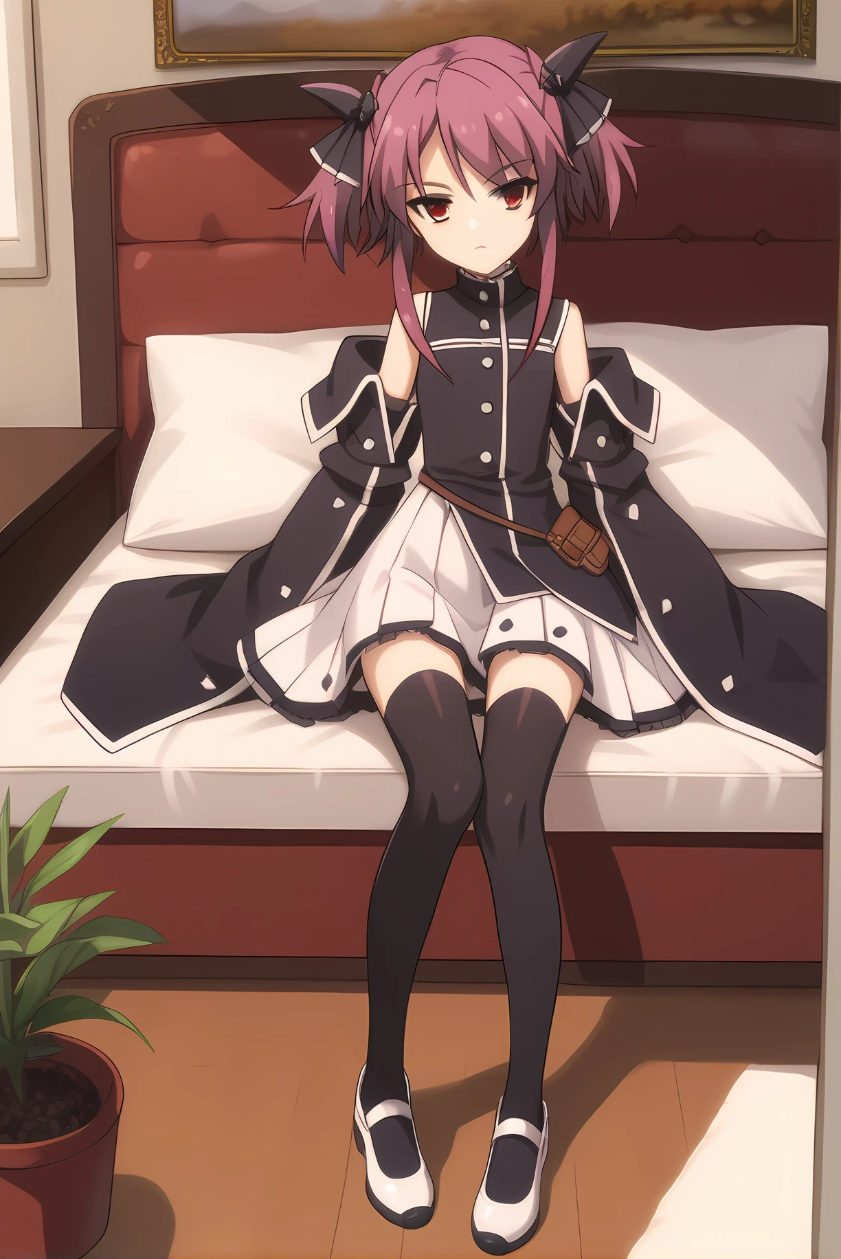 (black dress black sleeves white skirt black thighhighs white shoes), mt-pest, purple hair, twintails, hair ribbon, 1girl, solo, skinny, feet, score_9, score_8_up, score_8, score_7_up, score_7, source_anime, , living room, (full body|wide shot|sitting|standing|lying|close-up| :1.20) <lora:mt-pest-V01-000004:0.80>