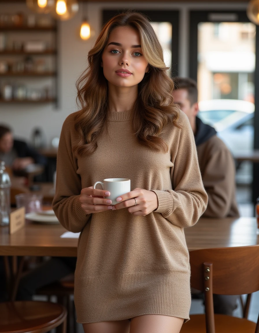 <lora:Keira_Blue_Flux:1> realistic photo of keirablue wearing a fitted sweater  dress in a cafe having a coffee.