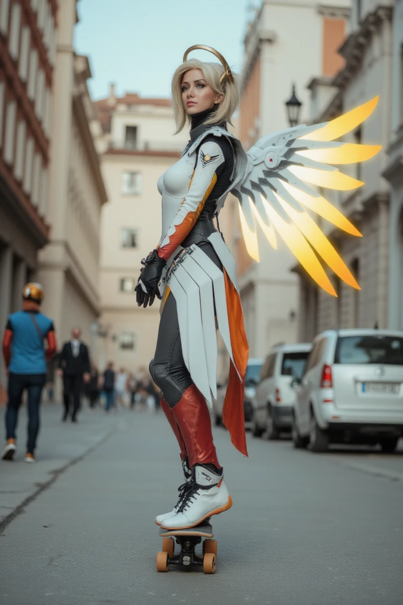 Mercy, a woman with a halo and wings, she is skateboarding in a street <lora:Mercy:0.9>