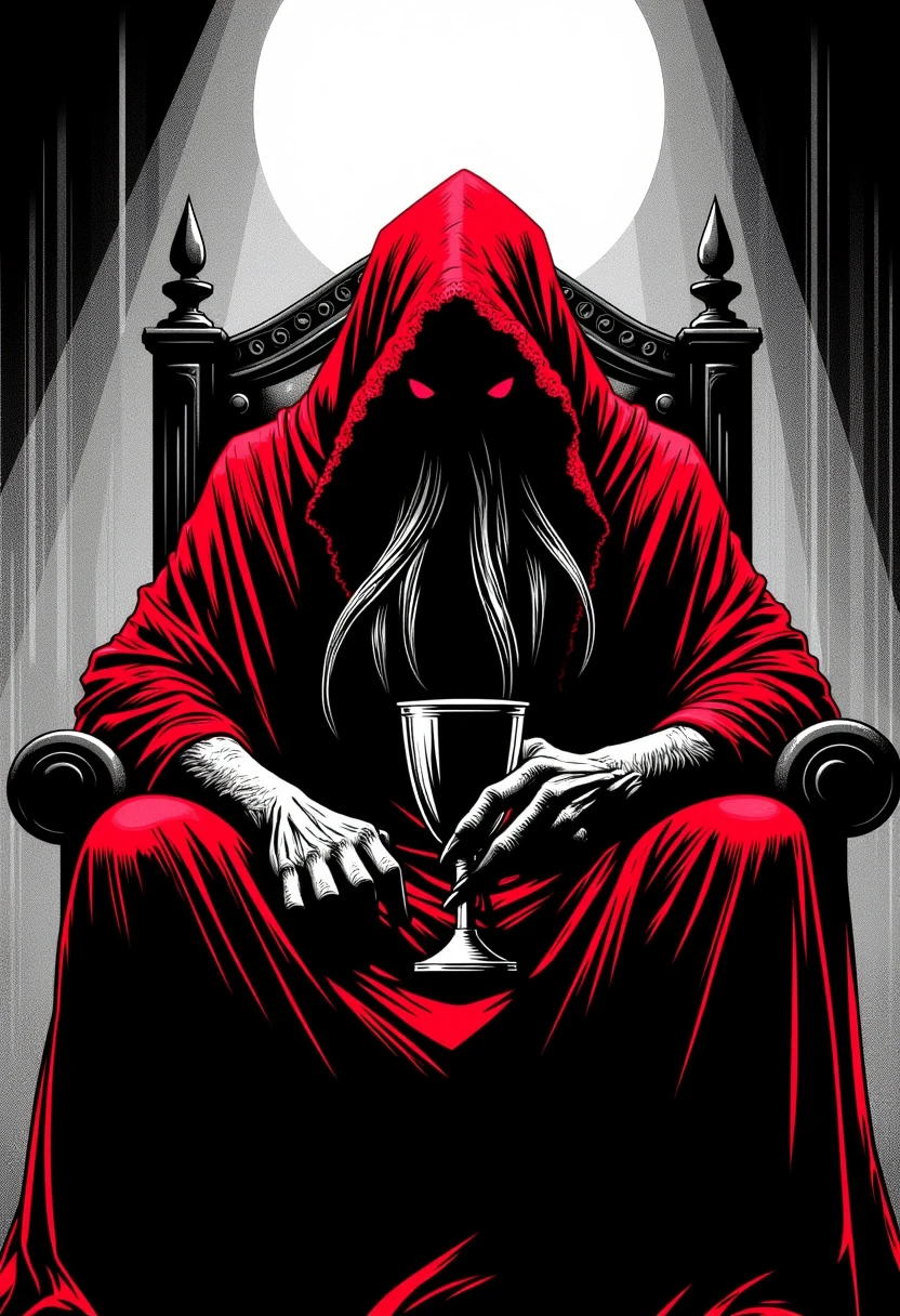 <lora:lnrnr_flux_EliPot:1>, (noir comic style with grey with red accents hues), a close up shot of a Cthulhu creature wearing a red ragged hooded robe with red eyes, sitting in a throne room drinking a goblet at night in with white moon in background,