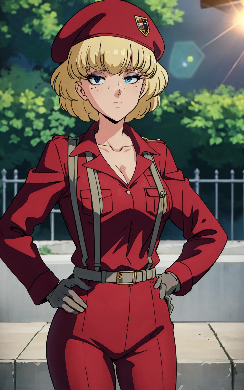 ((masterpiece, best quality)), insaneres, absurdres, solo,  vanishing point, 
ArmyOutfit_IreneSandlers_ownwaifu, 
1girl, blonde hair, short hair, freckles, blue eyes, makeup, bangs, large breasts, braid,  collarbone,  
cleavage,  hat, beret, grey gloves, military uniform, suspenders, belt, red pants, red headwear, red jacket, 
retro artstyle, 1980s (style), 
outdoors, lens flare, depth of field, bokeh, embers, looking at viewer,
(contrapposto, hand on hip)<lora:ANIME_DesertRose_IreneSandlers_ownwaifu:0.85>,