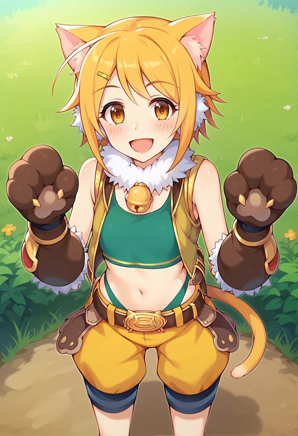 score_9, score_7_up, hd, (ultra hd quality details), source_anime, grasslands, outdoors,
solo, 1girl, pcrhiyo, cat ears, animal ear fluff, cat tail, hiyo2sdef, hairclip, fur collar, neck bell, bare shoulders, yellow vest, open vest, green bandeau, midriff, belt, buckle, yellow shorts, highleg, brown gloves, fur-trimmed gloves, paw gloves,
looking at viewer, blush, smile, open mouth,
standing, hands up, from above,
<lora:_hiyoripcr-elesico-ponyr2e12:0.9>