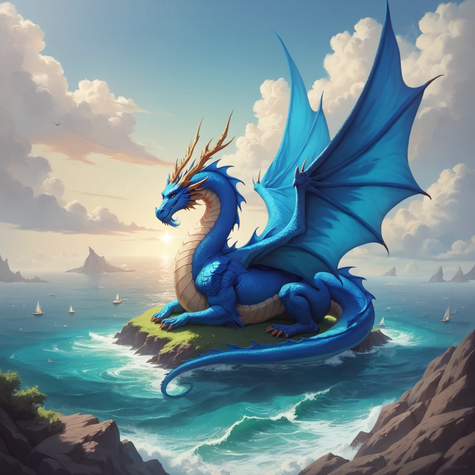 ocean, sea, giant winged blue dragon is sitting on a lone island, <lora:epwpony:0.8>, elementalplanewater, BREAK score_9, score_8_up, score_7_up, best quality, masterpiece, 4k, prefect lighting, very aesthetic, zPDXL