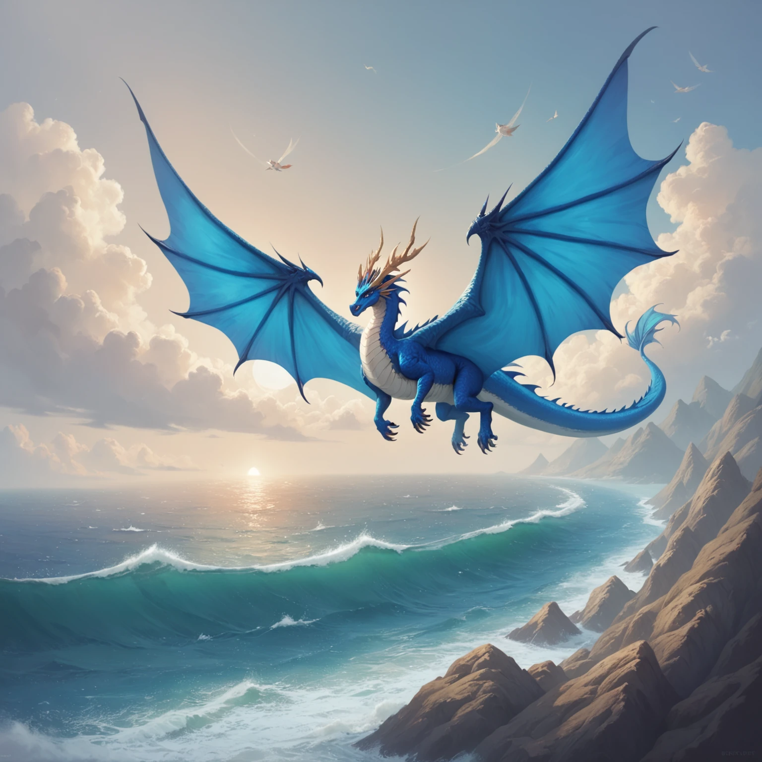 ocean, sea, giant winged blue dragon is flying over the vast ocean, <lora:epwpony:0.8>, elementalplanewater, BREAK score_9, score_8_up, score_7_up, best quality, masterpiece, 4k, prefect lighting, very aesthetic, zPDXL