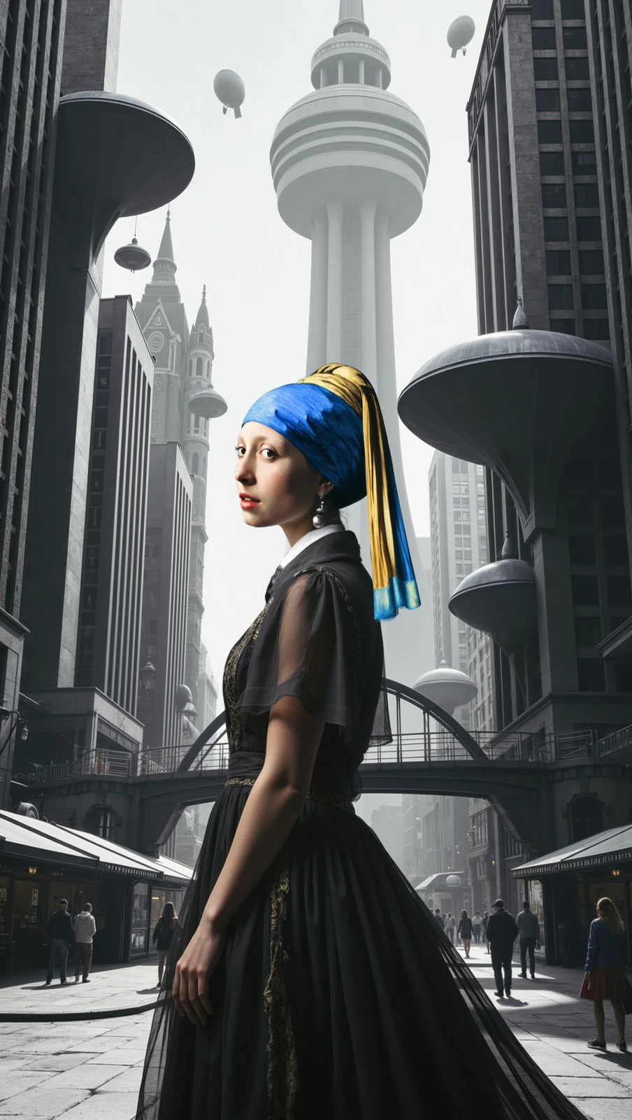 gwpe,In a surreal, futuristic cityscape, reminiscent of a grand, towering metropolis from another world, a reimagined "Girl with a Pearl Earring" steps into the scene. The setting is a black and white, intricately detailed urban environment, where colossal, otherworldly buildings with organic shapes rise high above, casting deep shadows onto the streets below. The architecture is a blend of art deco and futuristic design, with bridges arching between the structures and dirigibles floating silently in the sky above.

At the center of this fantastical setting stands the "Girl with a Pearl Earring," her face framed by her iconic blue headscarf that drapes elegantly over her blonde hair. Her expression retains the enigmatic charm of Vermeer’s original painting, but with a modern twist. She is dressed in a stunning 1920s haute couture outfit—an exquisite, tailored dress that exudes elegance and sophistication, embellished with intricate details that catch the light in a subtle, yet glamorous way.

Her pose is dynamic, capturing the energy of a high-fashion editorial shoot. One arm is gracefully extended, while her body leans slightly forward as if caught in mid-stride, her dress flowing around her, creating a sense of movement. The contrast between her classic, elegant attire and the futuristic, almost alien environment around her is striking, merging the past with the future in a seamless blend of art and fashion.

The overall image is both surreal and captivating, with the "Girl with a Pearl Earring" reimagined as a modern fashion icon, set against a backdrop that evokes wonder and intrigue. The fusion of classic art, haute couture, and futuristic architecture creates a powerful visual narrative, perfect for a high-end fashion editorial.

