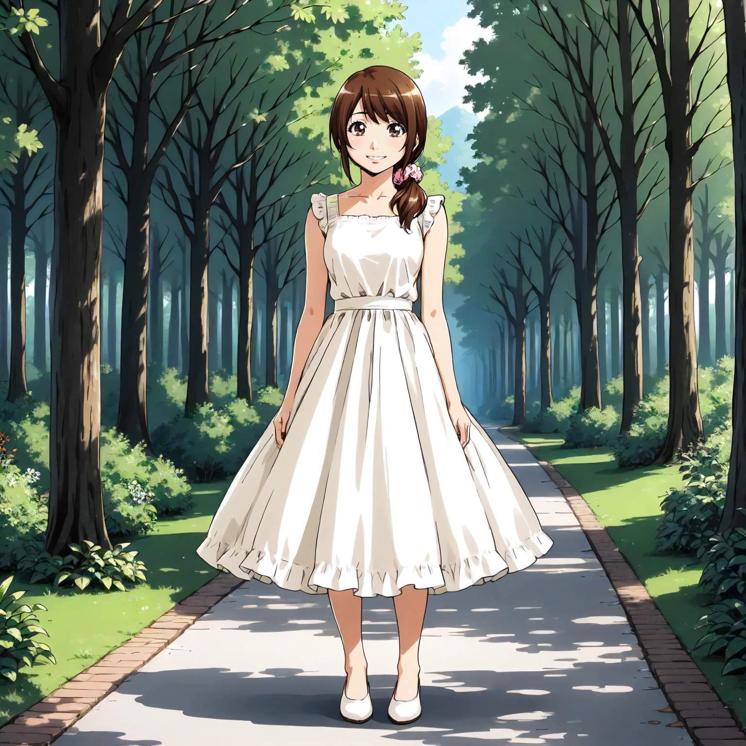 <lora:Us_SaekoXLpony003:0.8>,
outdoors,nature,
smile,
solo,
Saeko,1girl,brown hair,low ponytail,hair scrunchie,brown eyes,
dress,
full body,standing,