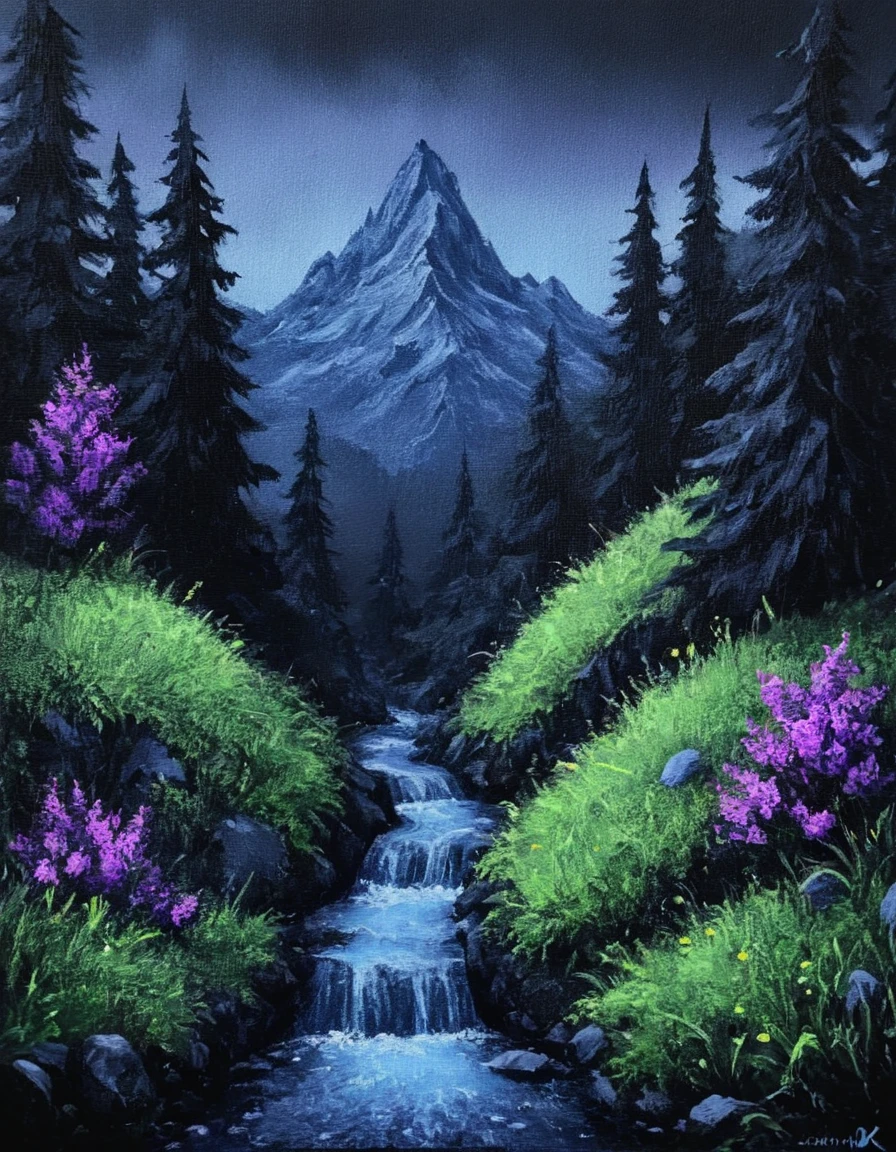 novuschroma49 style Misty Mountain Hop  as a painting on black canvas <lora:novuschroma49 style_2:1>