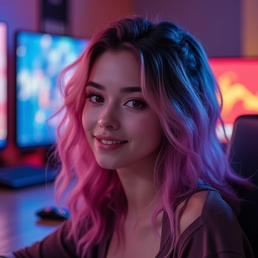 A stunningly beautiful slim 20 year old with multicolored hair is smiling at the viewer, in the background you can see video games and video game consoles