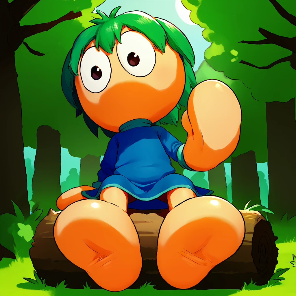 score_9, score_8_up, score_7_up, 1boy, by banana da boi,
L3mm1ngs, Green Hair, Toony Feet, Blob Feet, Mitten Hands, Large eyes, blue robe, low angle, upskirt, sitting on a log, deep in thought. dense pine forest