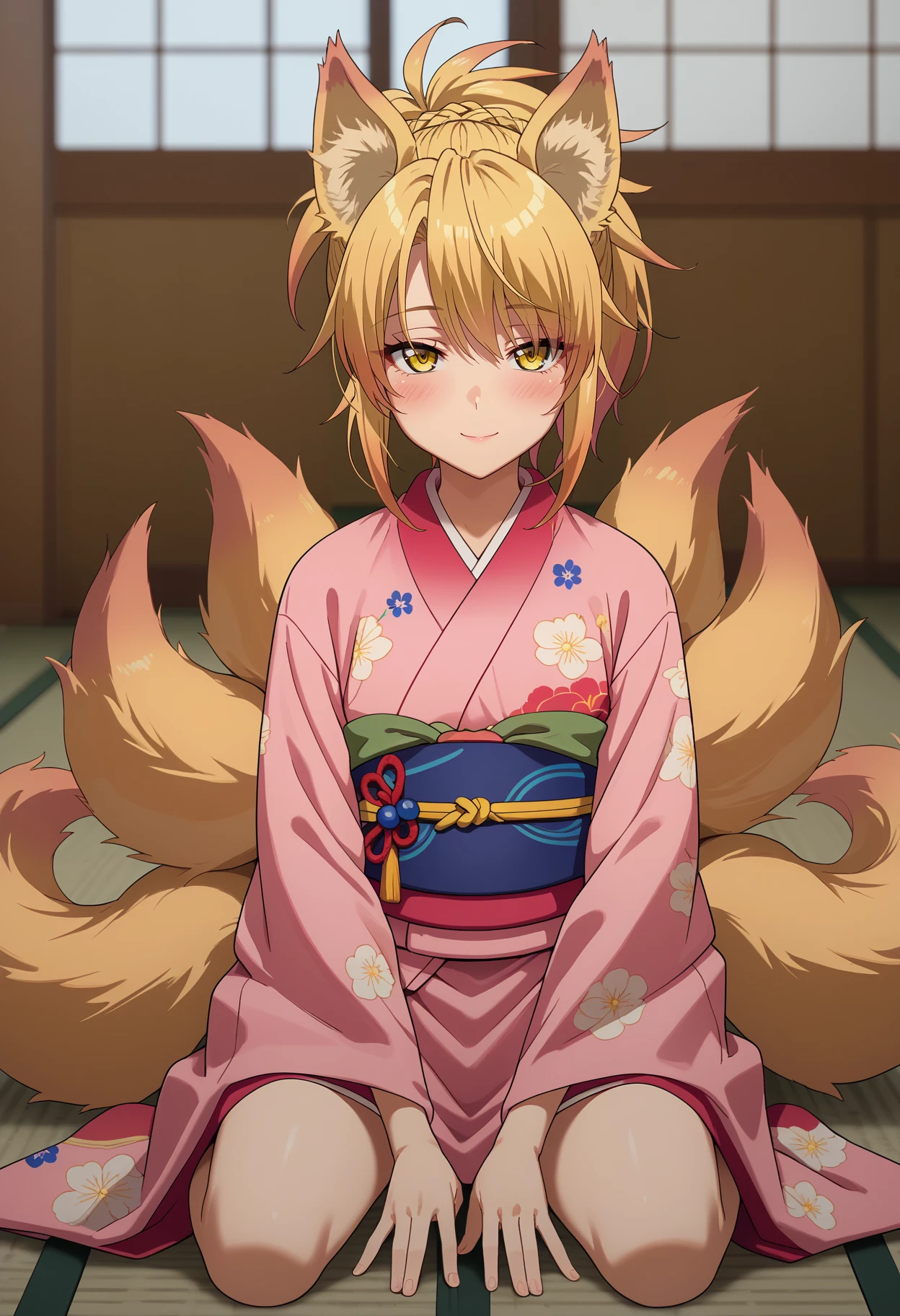 score_9, score_8_up,
<lora:HighschoolDxD_KunouXL:0.9>,
1girl, solo, closed mouth, light smile, blush,
ponytail, blonde hair, braid, yellow eyes, fox ears, multiple tails, fox tail,
KunouKimono, print kimono, pink kimono, blue sash,
kneeling, looking at viewer,
blurry background, indoors, tatami