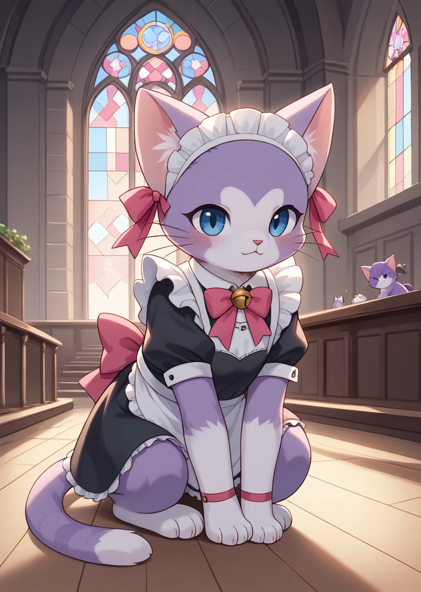 score_9, score_8_up, score_7_up, score_6_up, score_5_up, BREAK
Amanda, solo, blue eyes, bow, ribbon, no humans, bell, cat, pink bow, :<, animal focus, furry, full body, cute, detailed backgrond, church, purple fur, (heart shaped fur), maid outfit, maid headdress