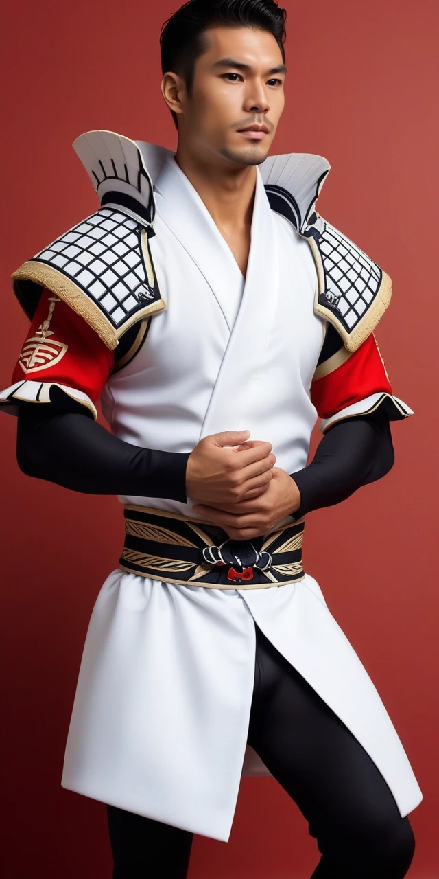full image of a man wearing samurai shinobi robe, simple background, white background, masterpiece, high quality, best quality <lora:fashionistaXLt2:1>