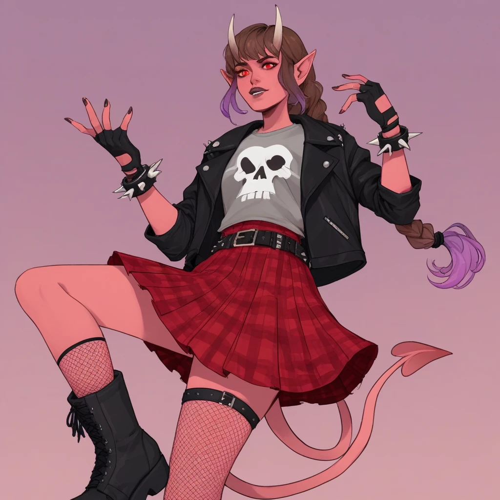 Score_9_up, source_8_up, source_7_up, source_cartoon, Figfaeth, horns, pointy ears, red eyes, brown hair, purple gradient hair, braid, bangs, colored skin, pink skin, devil tail, leather jacket, grey skull print shirt, spiked bracelets, fingerless gloves, belt, red plaid skirt, single fishnet thighhigh, boots,