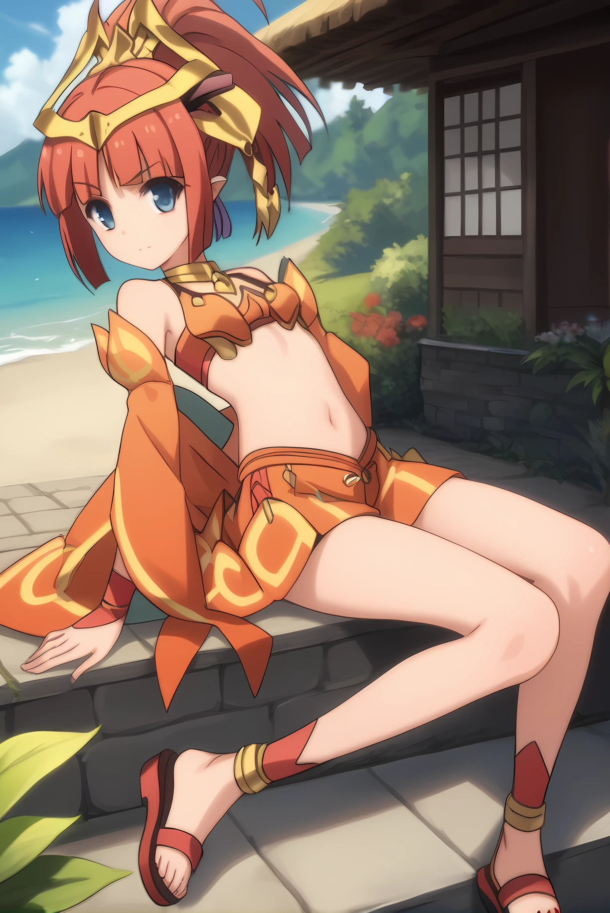 (midriff orange top orange skirt sandals), mt-sandora, red hair, hair ornament, necklace, 1girl, solo, skinny, feet, score_9, score_8_up, score_8, score_7_up, score_7, source_anime, lewd, outdoors, (full body|sitting|standing|lying|close-up| :1.20), <lora:mt-sandora-V01-000005:1.00>