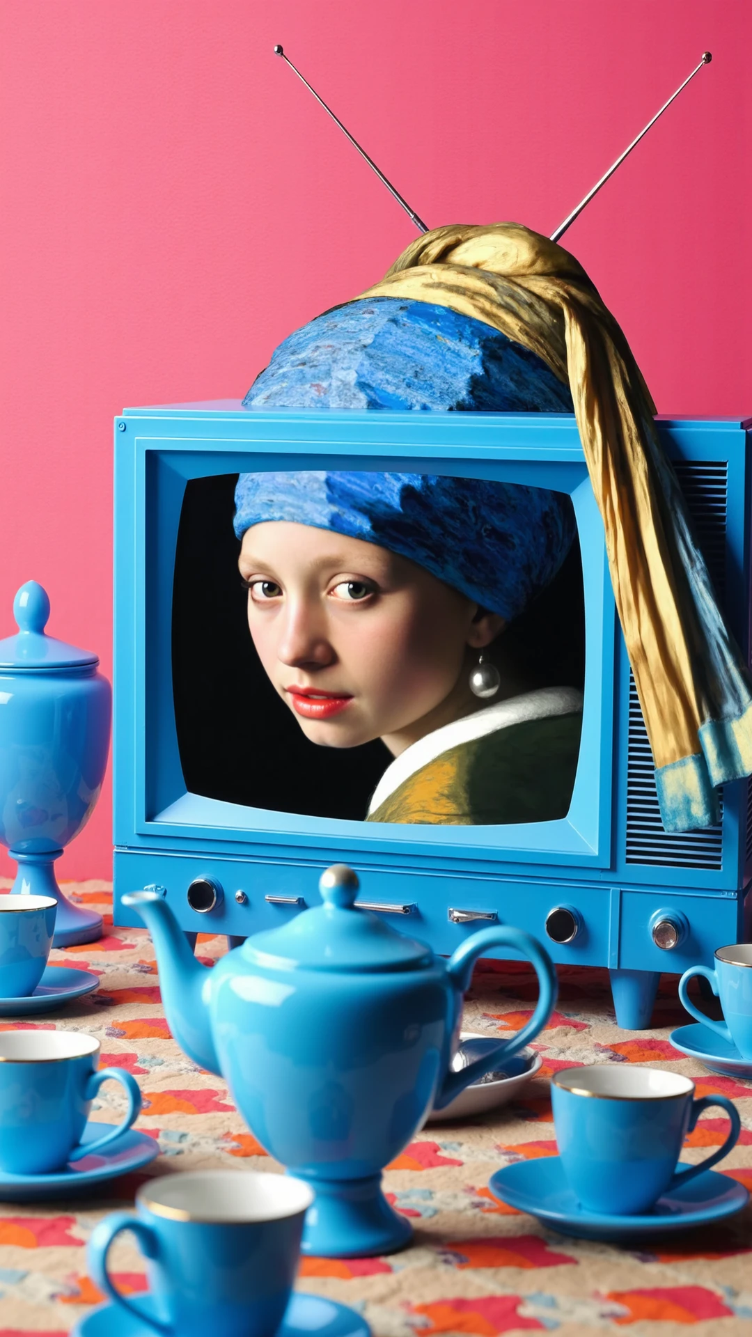 gwpe, In a whimsical and vibrant scene, "The Girl with a Pearl Earring" is transformed into a playful, surreal artwork. Her classic face, framed by her iconic blue headscarf, now appears inside an old-fashioned television set, which is painted entirely in bright blue, matching the rest of the scene. The television, with its vintage antennas, is positioned on a colorful, kitschy table set with matching blue tea sets and a decorative urn, all adding to the quirky atmosphere.

The model’s serene and enigmatic expression, a hallmark of Vermeer’s masterpiece, contrasts beautifully with the bold, modern elements surrounding her. The blue headscarf drapes elegantly over her blonde hair, blending seamlessly with the vibrant color palette of the setting. The background is a bright, playful pink, which further enhances the surreal, pop-art vibe of the image.

The overall composition is a delightful mix of classical art and modern surrealism, where "The Girl with a Pearl Earring" is reimagined in a bold, contemporary context. The scene is infused with a sense of fun and creativity, making it a visually captivating piece that celebrates both the timeless beauty of the original painting and the playful spirit of modern art.