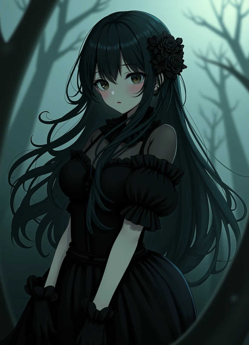 The image is pastel anime portrayal of a gothic beauty, featuring a 1girl with long flowing black hair, dressed in an elegant black Victorian-style dress. She has dark smokey eye makeup and deep black lipstick, contrasting against her pale skin. The scene captures a haunting gaze in a dramatic pose, set against a misty background with cinematic lighting. The image is rendered with ultra-detailed, high contrast, and a moody atmosphere, in 8k resolution.