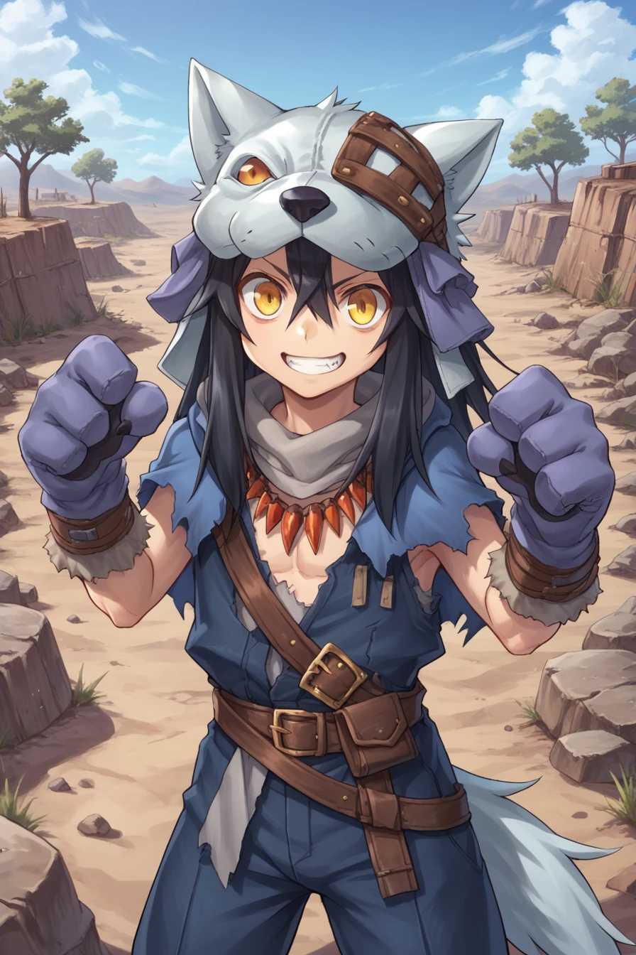 score_9, score_8_up, score_7_up, score_6_up, source_anime, BREAK, <lora:FlunkyPonyXL:0.75> , fludef, 1boy, black hair, long hair, yellow eyes, wolf hat, wolf hood, wolf pelt, wolf tail, grey scarf, bandana around neck, necklace, tooth necklace, fur trim, blue vest, torn clothes, paw gloves,  smile, closed mouth, looking at viewer, happy, scenery, exterior, wasteland, desert, shrubs, dead trees, (solo), <lora:backgroundsetXL:0.25> , background, village, wasteland, desert,  <lora:y0tt4:0.6> , y0tt4, cowboy shot, (dynamic pose, action pose),