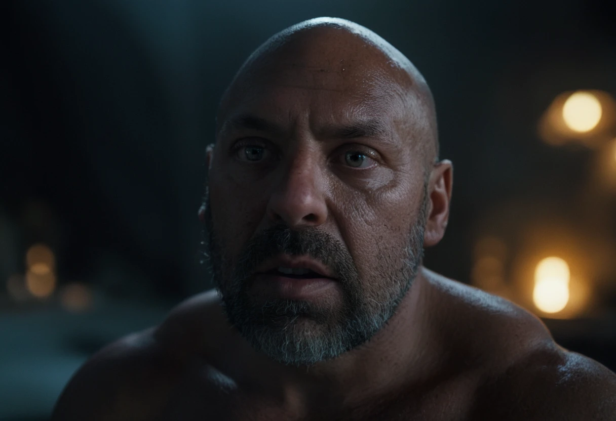 award winning full body portrait photo of ( An attractive mid-age bald Strong, muscular, hairy big belly, shirtless, ), eyes looking upwards, (bokeh:0.7), sidelit, (wrinkled face in detail:0.7), telephoto, moonlit, torchlit, gritty atmosphere, oceanic night exterior, realistic, intricate details, true aged skin texture