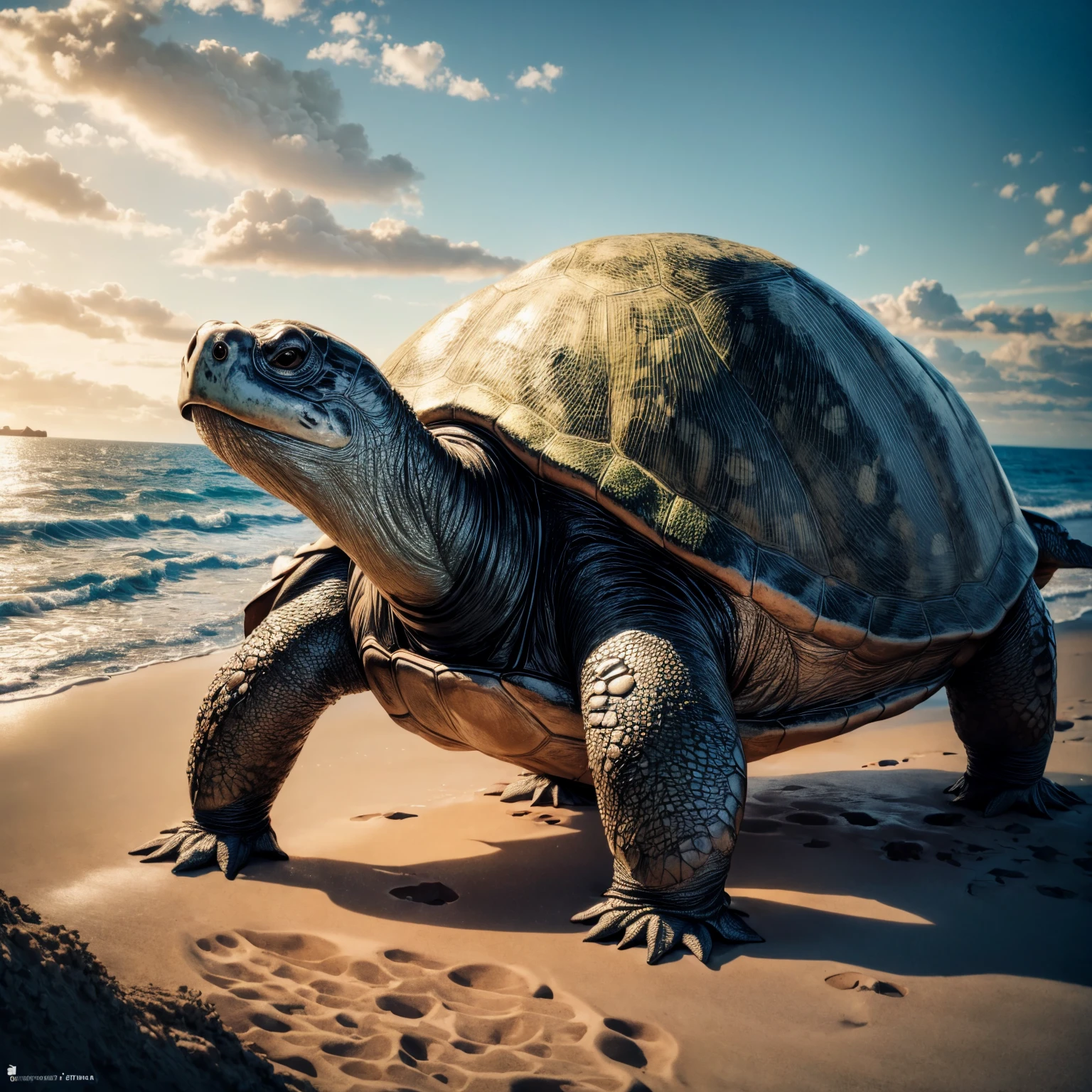 (a giant turtle), (is standing on a long sandy beach), <lora:pwepwv2:0.6>, elementalplanewater, <lora:more_details:0.6>, high quality, highres, masterpiece, best quality, 8k, intricate, detailed, <lora:add_detail:0.6>, very detailed