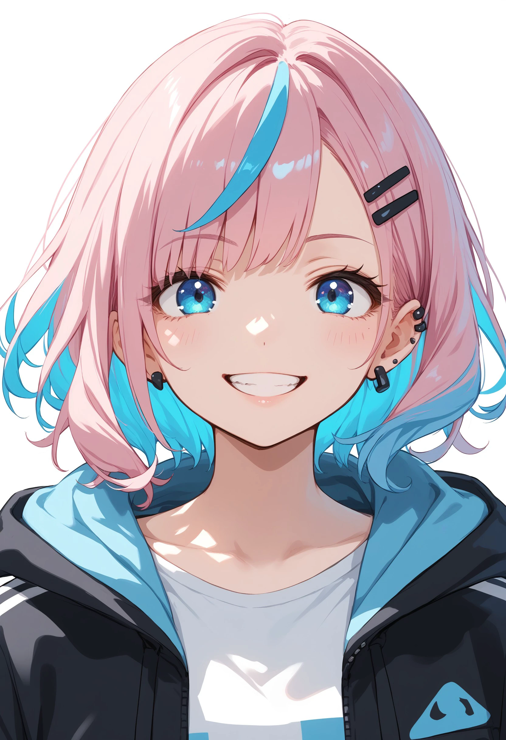 score_9, score_8_up, score_7_up, score_6_up, source_anime, 
1girl, blue eyes, medium hair, medium bangs, multicolored hair, streaked hair, pink hair, light blue hair, 
smile, grin, 
hoodie, jacket, [hairclip], [ear piercing]
white background, simple background, portrait, close-up