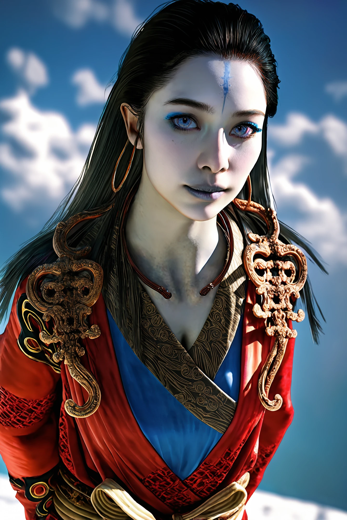 8k, best quality, masterpiece, (ultra-detailed), (high detailed skin), vivid color, realistic, 
looking at viewer, (solo:1.3), 
<lora:kangjin2-atw2-Tanger:0.75>, kjlniang, default clothes, red hanfu, grey skin, 1girl, black hair, jewelry, colored skin, arms behind back, 
beautiful blue sky, cloud, standing, upper body, looking at viewer, close-up, dynamic angle, cleavage,