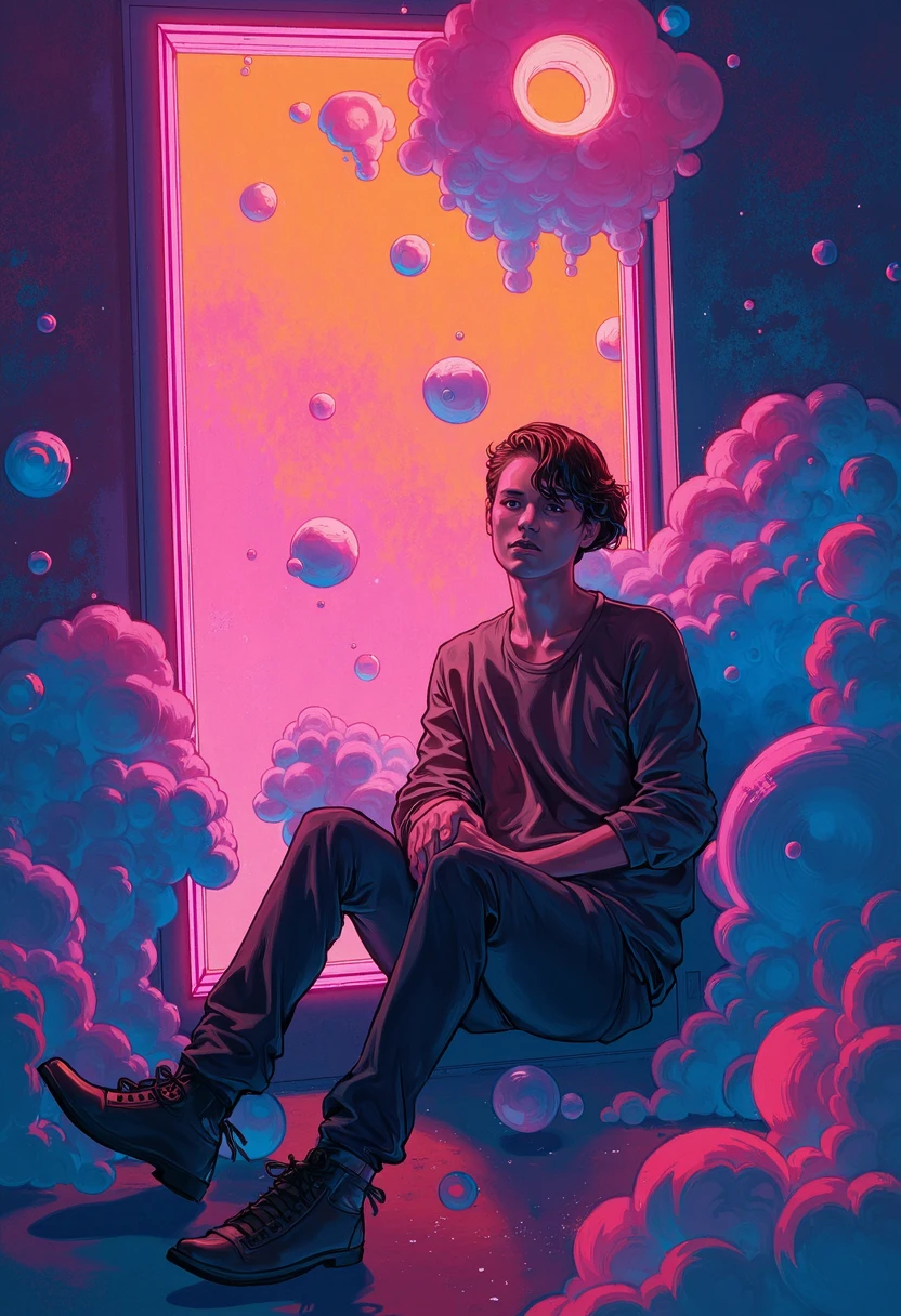 The image portrays a surreal scene of a man surrounded by vibrant dreamlike elements set against a backdrop of a neon-lit doorway.