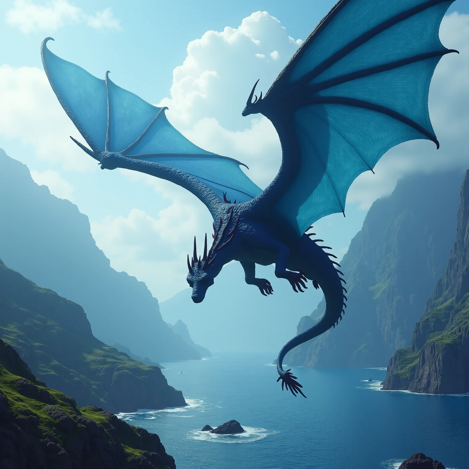 <lora:Elemental_Planes-Water:1>, elementalplanewater, a sweeping epic landscape shot of a huge winged blue dragon flying high in the air above the ocean, there are tiny islands in the ocean