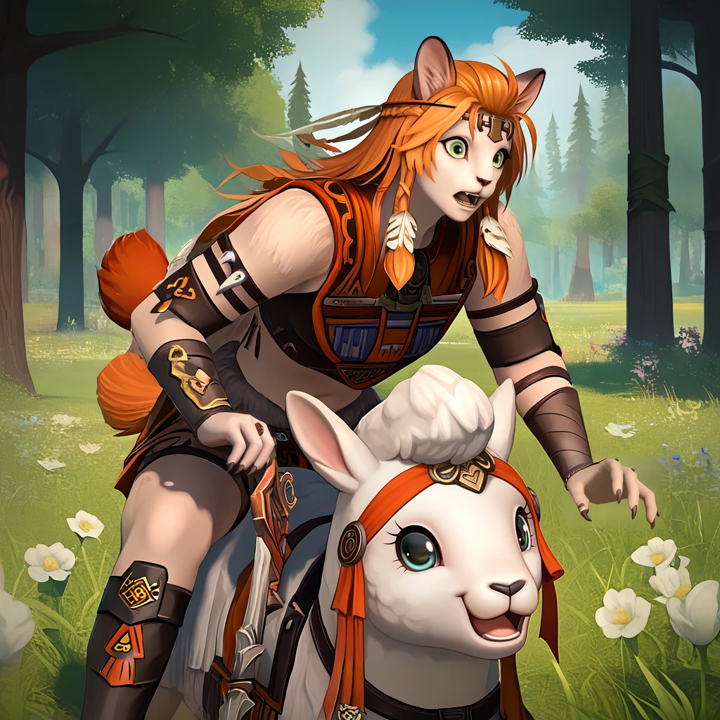 score_9, score_8_up, score_7_up, source_furry, 1girl, solo, uncensored, <lora:WukLamatXL_v1.2:1> wuk lamat, orange hair, tribal armor, scared, afraid, open mouth, riding animal, riding alpaca, white alpaca, outdoors, fantasy, grass, tree, flower